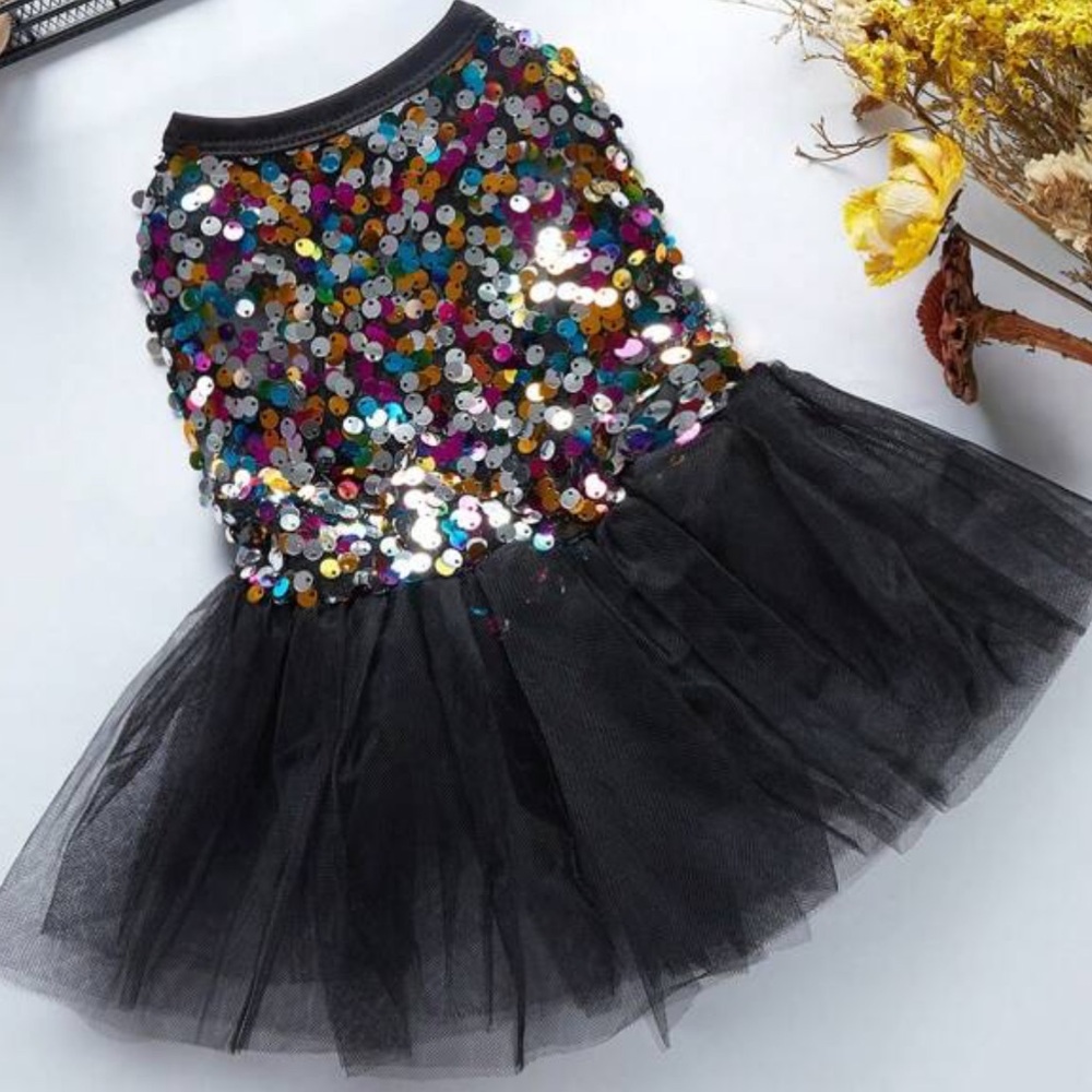 Chic Elegant Metallic Multicolor Sequin Party Birthday Dog Dress XS